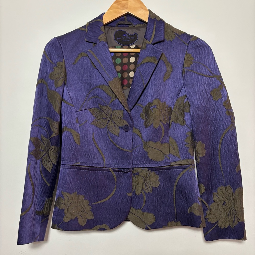 ETRO MILANO Purple Floral‎ Silk Blend Blazer Jacket Sz 40 Artistic Italy Chic